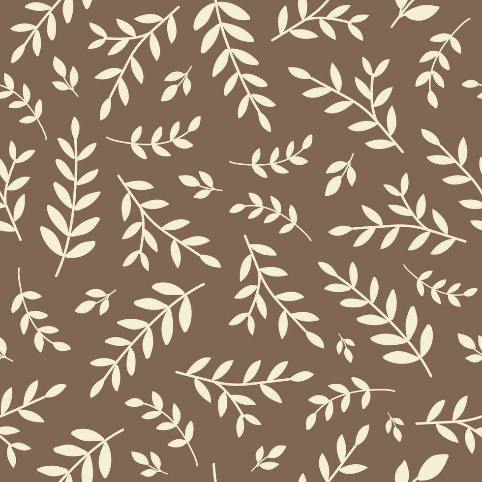 vektor blommig sömlös mönster med beige grenar på en brun bakgrund. botanisk hand dragen skriva ut för tyg, Hem dekor och omslag papper.