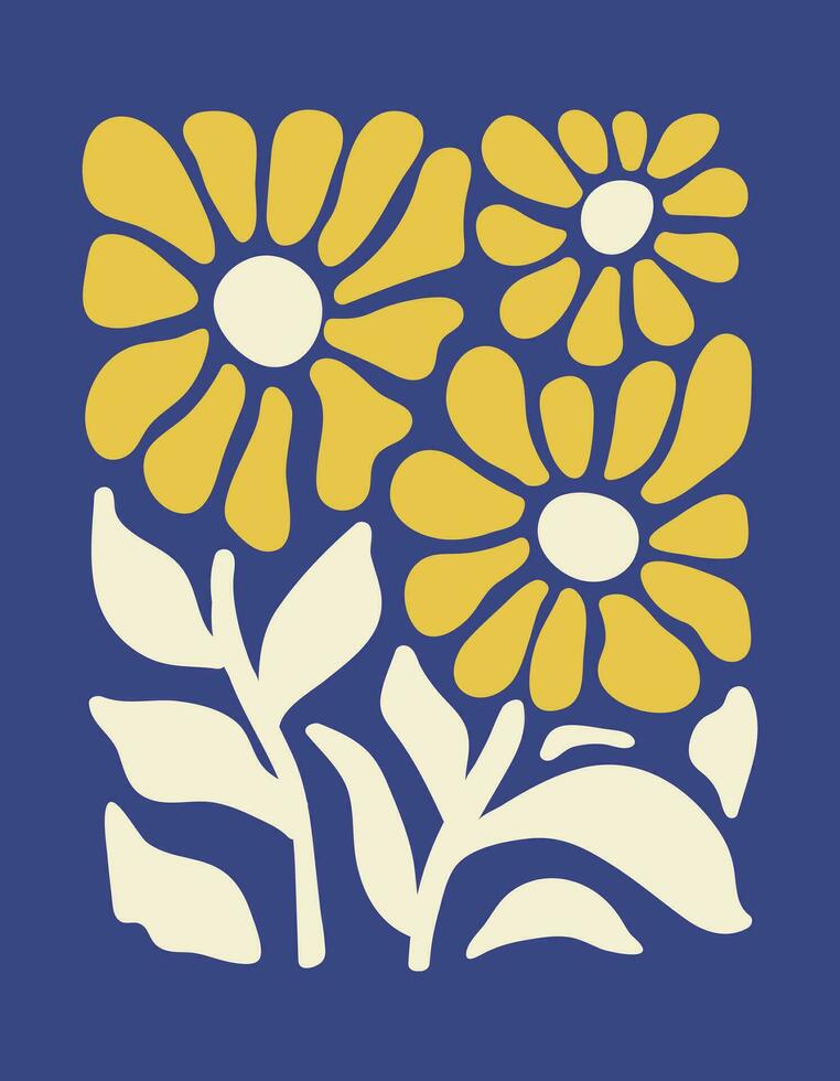 abstrakt botanisch Poster mit verschiedene blühen groovig Blumen auf ein Blau Hintergrund. naiv Kunst Dekor. modisch Hand gezeichnet Vektor Illustration