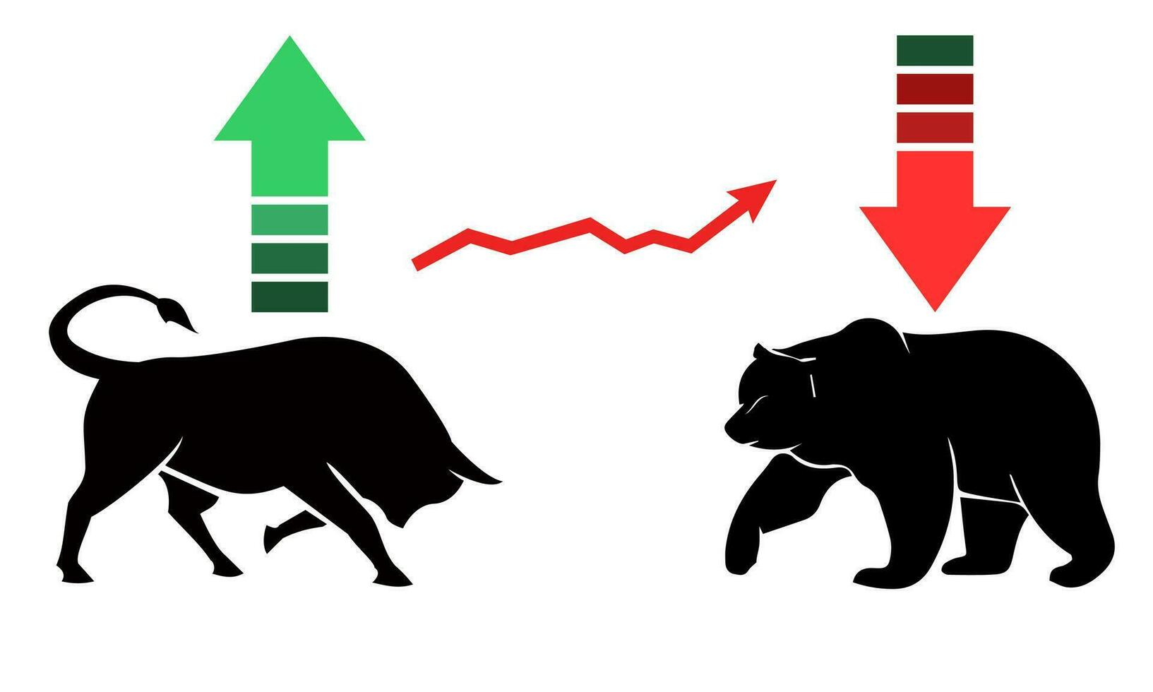 Stier und Bär Markt Trend im Krypto Währung oder Aktien. Handel Austausch, Grün oben oder rot Nieder Pfeile Graph. Kryptowährung Preis Diagramm Vektor. vektor