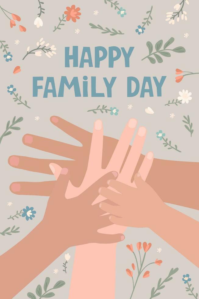 Lycklig familj dag kort. händer av föräldrar och barn ett på annan. familj Stöd. platt vektor illustration.