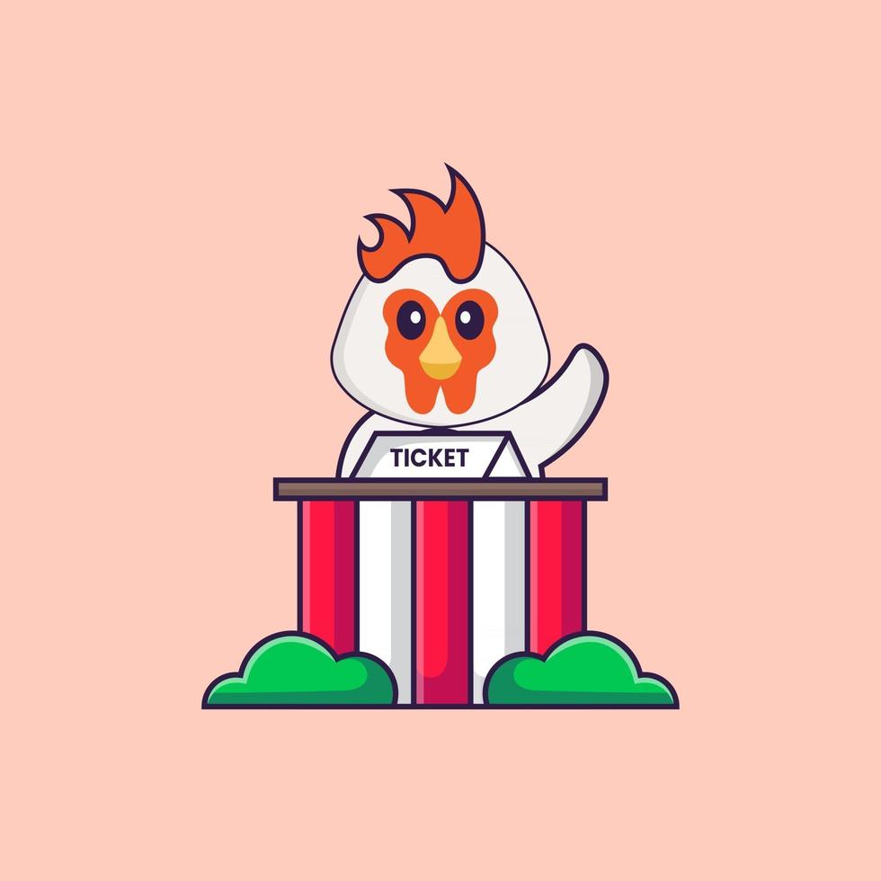 Das süße Huhn ist ein Tickethalter. Tierkarikaturkonzept isoliert. kann für T-Shirt, Grußkarte, Einladungskarte oder Maskottchen verwendet werden. flacher Cartoon-Stil vektor