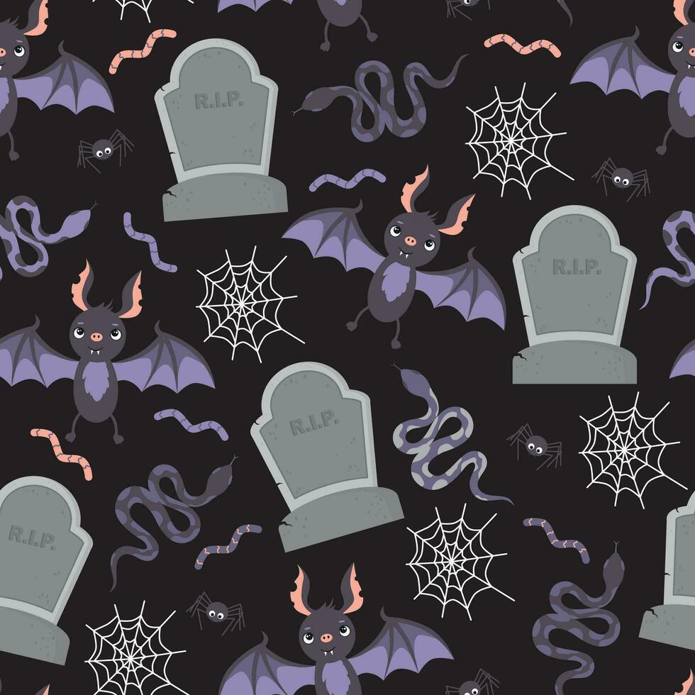 vektor sömlös mönster med fladdermöss och gravstenar på en svart bakgrund