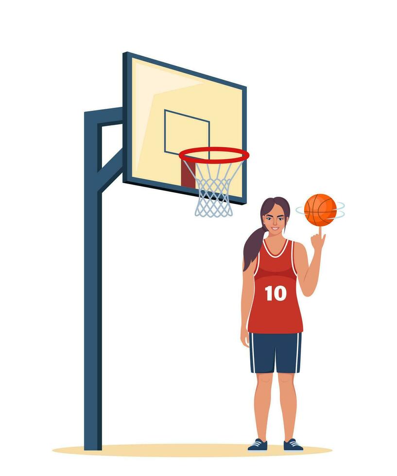 Lycklig kvinna basketboll spelare i enhetlig med boll på de basketboll domstol. vektor illustration.
