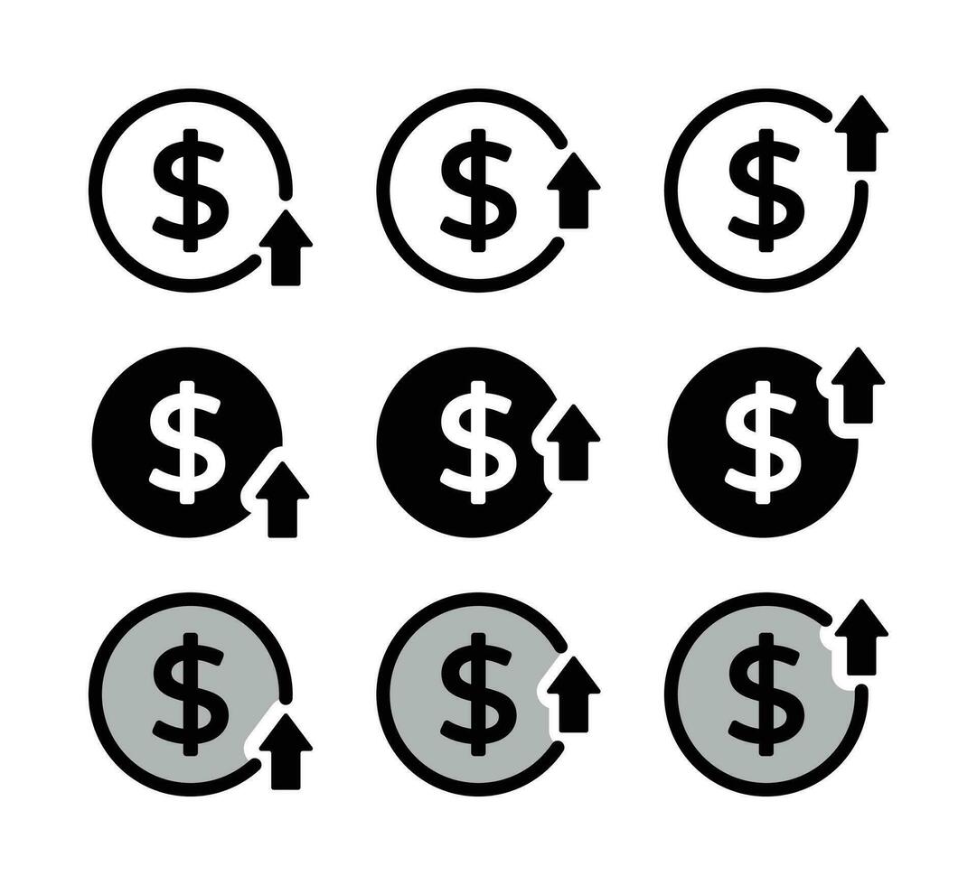 uppsättning av dollar ikoner med upp pil. dollar tecken stigande ekonomisk begrepp. vektor för appar och webb.