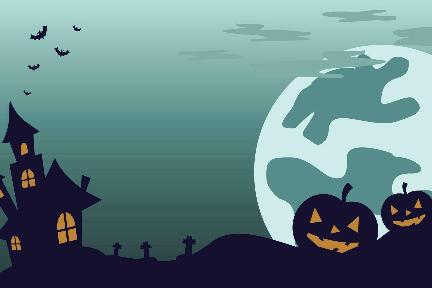 Halloween Feier Hintergrund mit Symbole von Mond, Kürbis, Schloss und Kopieren Raum Bereich. Vektor zum Banner, Poster, Gruß Karte, Sozial Medien.