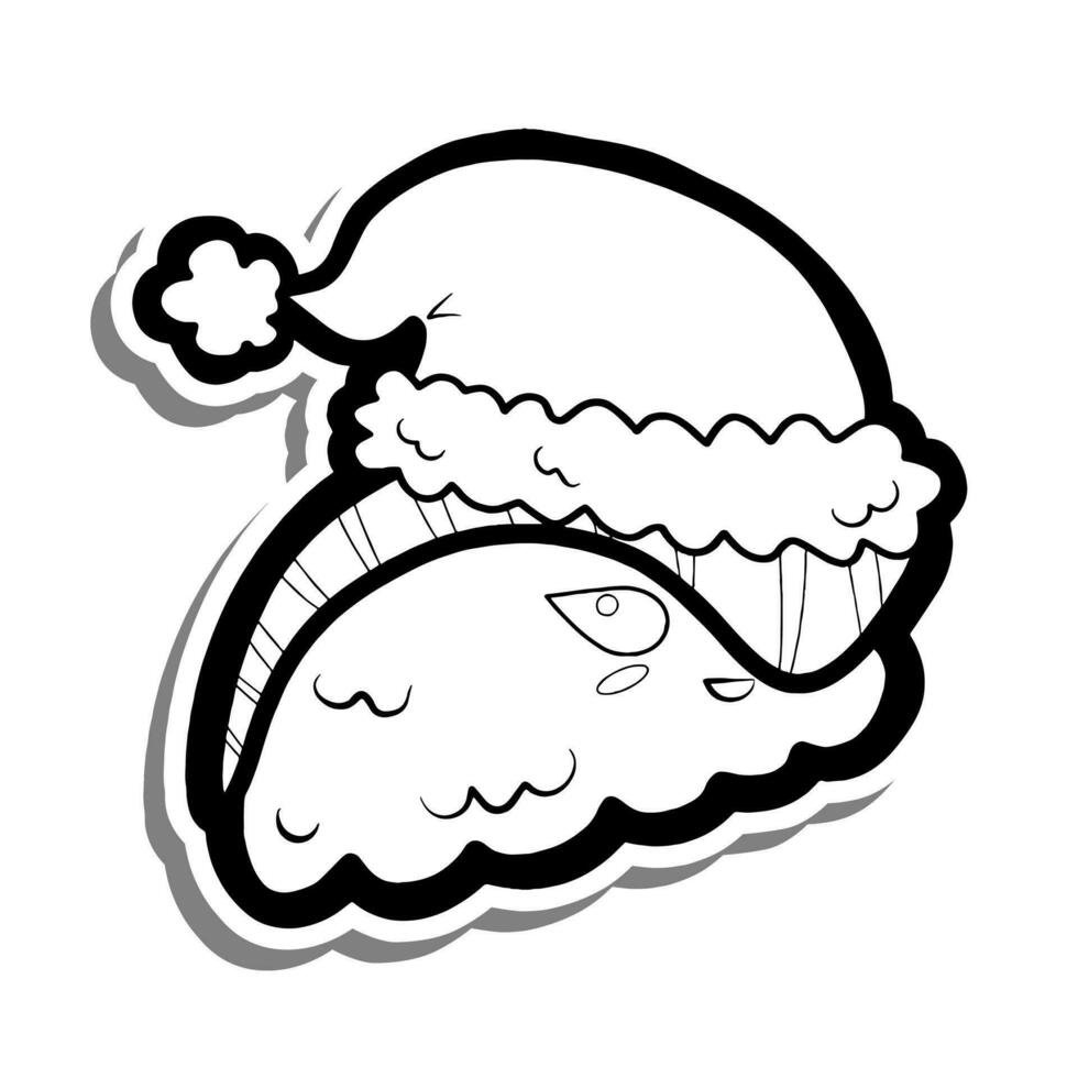 süß Karikatur Lachs Sushi Lächeln mit Weihnachten Hut auf Weiß Silhouette und grau Schatten. Vektor Illustration Über Urlaub.