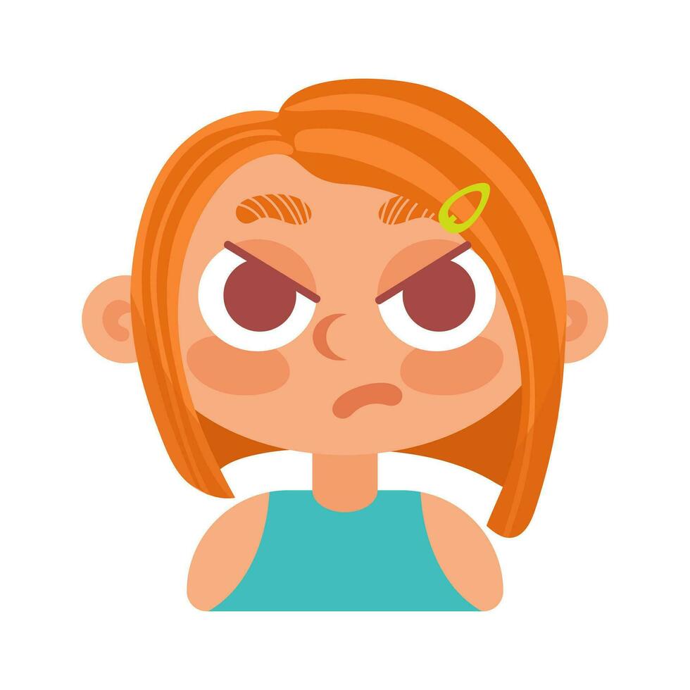 dyster rödhårig flicka med en fyrkant är arg. i tecknad serie stil. mänsklig känslor. psykologisk hälsa, välmående vektor