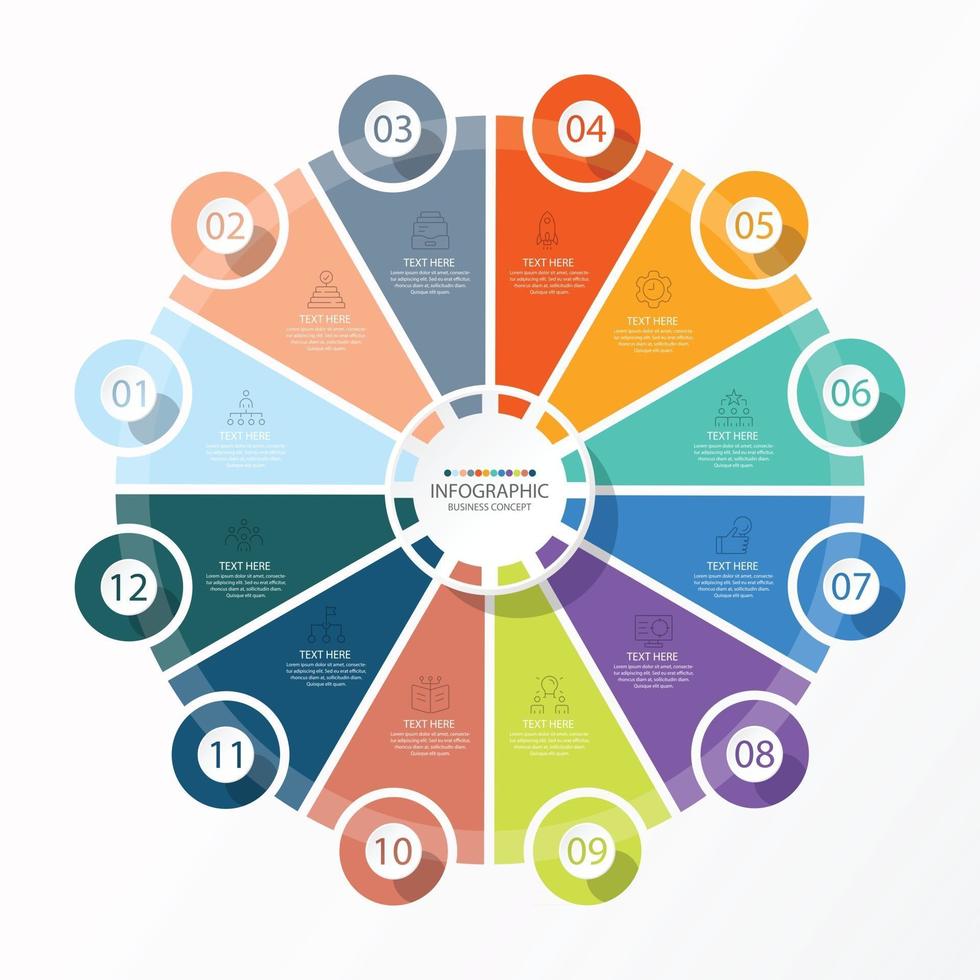 grundläggande cirkelinfografisk mall med 12 steg, process eller alternativ, processdiagram, används för processdiagram, presentationer, arbetsflödeslayout, flödesschema, infograph. vektor eps10 illustration.