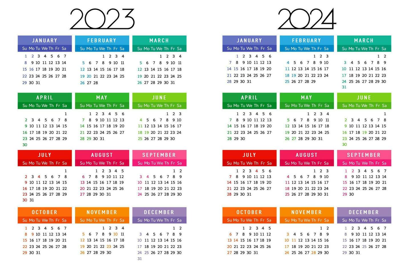 kalender 2023 - 2024 år, redigerbar mall vecka Start söndag, Färg fyrkant månader. mall design för företag schema eller dagbok. vektor illustration