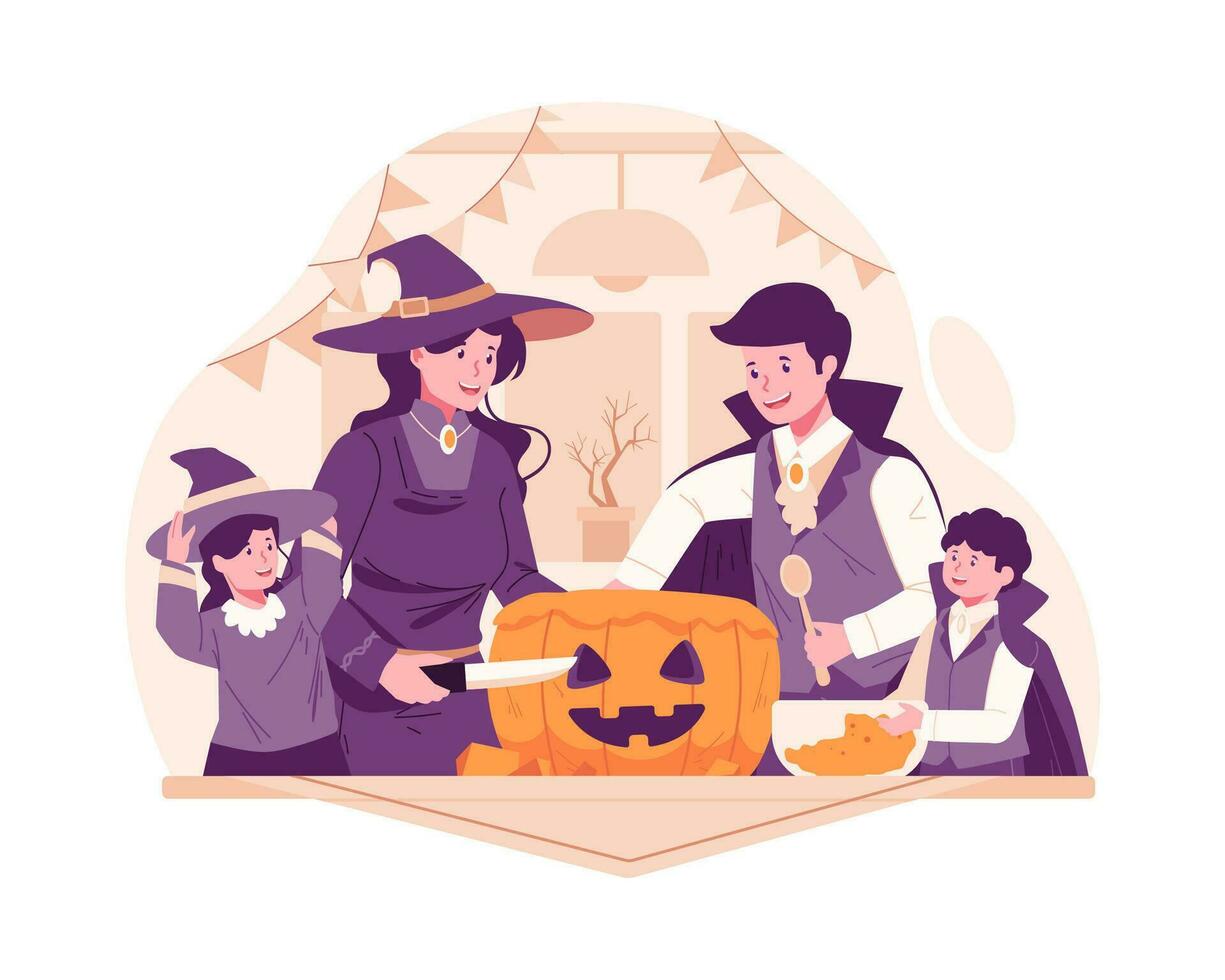 ein glücklich Familie Carving ein Kürbis zusammen beim Zuhause zum Halloween Vorbereitung. Vater, Mutter, Tochter und Sohn gekleidet im Halloween Kostüme vektor