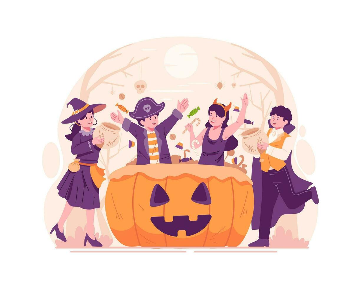 Kinder tragen Halloween Kostüme und haben Spaß mit ein groß Kürbis Korb gefüllt mit Süßigkeiten und Süßigkeiten. Halloween Party und Trick oder behandeln Konzept vektor