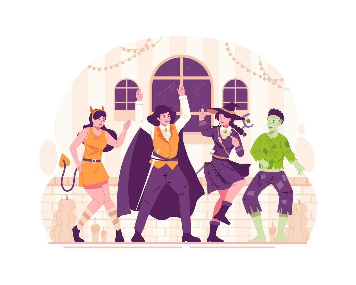 Gruppe von glücklich Menschen gekleidet im verschiedene Halloween Kostüme sind Tanzen beim ein Halloween Party vektor