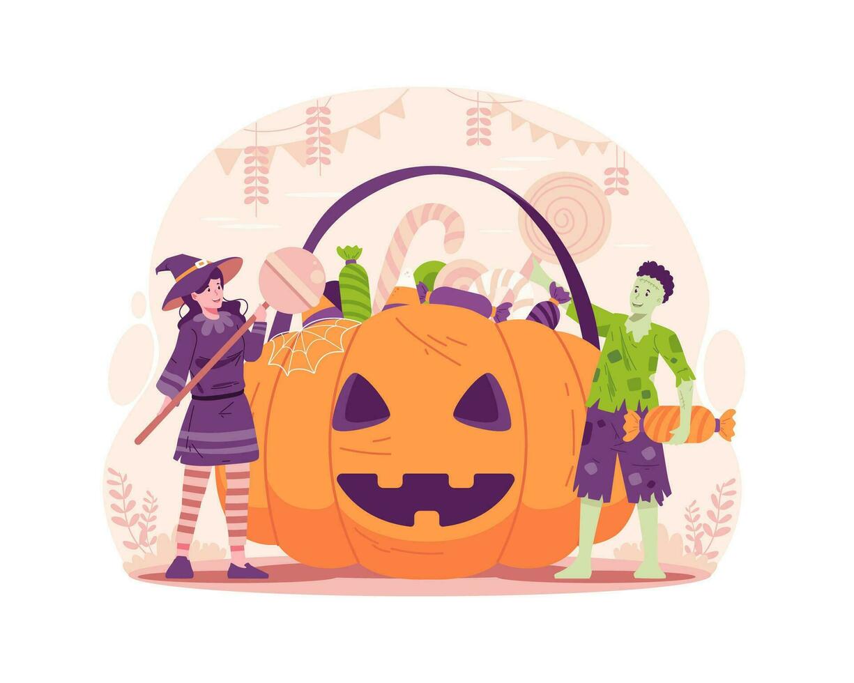 ein Junge und ein Mädchen gekleidet im Halloween Kostüme mit ein enorm Halloween Kürbis Korb voll von Süßigkeiten und Süßigkeiten. Trick oder behandeln Konzept vektor