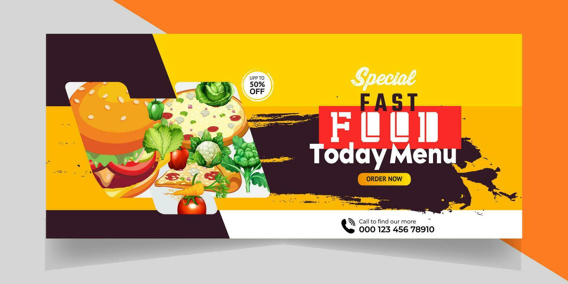 köstlich schnell Essen Pizza Banner mit Sozial Medien Post Vorlage Banner, Restaurant Rabatt Essen Burger Banner Design, Essen Speisekarte Sozial Medien Startseite Vorlage. vektor