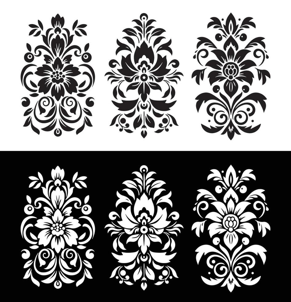 schwarz und Weiß Zier Muster, im das Stil von symbolisch Blume, Fett gedruckt noch anmutig, schonen und elegant Pinselführung, Schablonenbasiert vektor