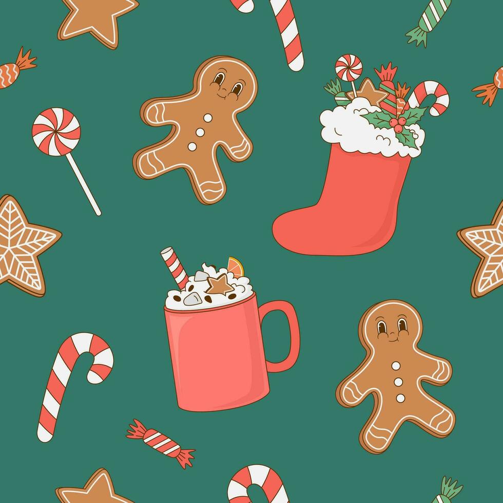 årgång jul sömlös mönster med sötsaker, pepparkaka, godis, gåvor på grön bakgrund. retro tecknad serie vektor illustration. Lycklig ny år