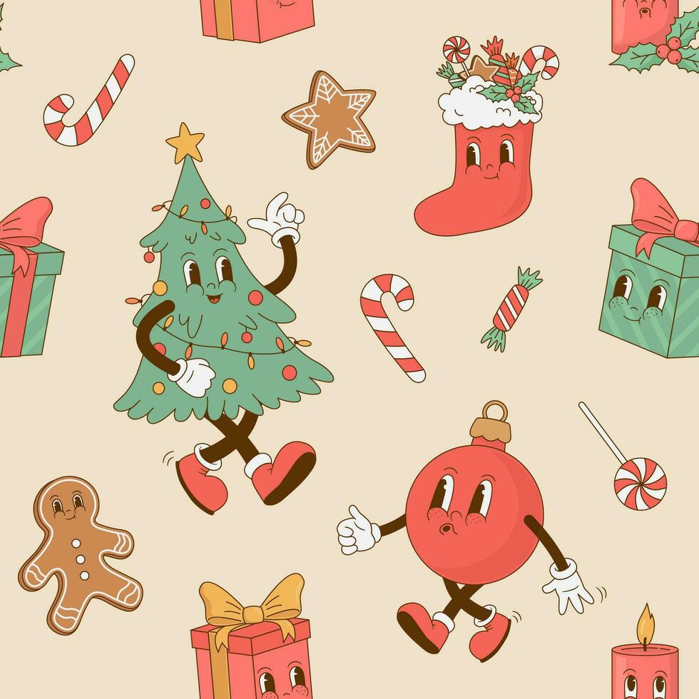 sömlös mönster med retro tecknad serie jul tecken. pepparkaka, jul träd, presentlåda, ljus, boll maskot. vektor illustration. omslag papper, hälsning kort, skriva ut, ny år bakgrund