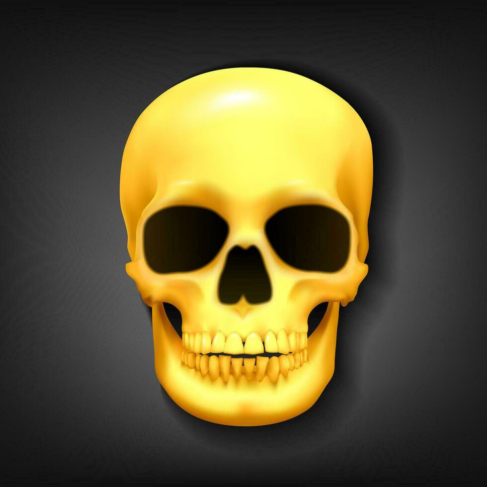 realistisch golden Schädel Kopf auf dunkel Hintergrund, Vektor Illustration