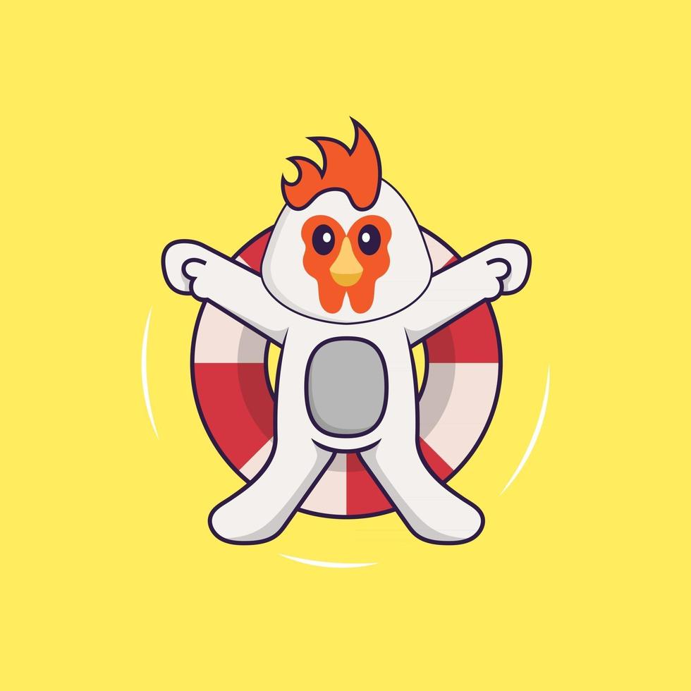 söt kyckling simmar med en boj. djur tecknad koncept isolerad. kan användas för t-shirt, gratulationskort, inbjudningskort eller maskot. platt tecknad stil vektor