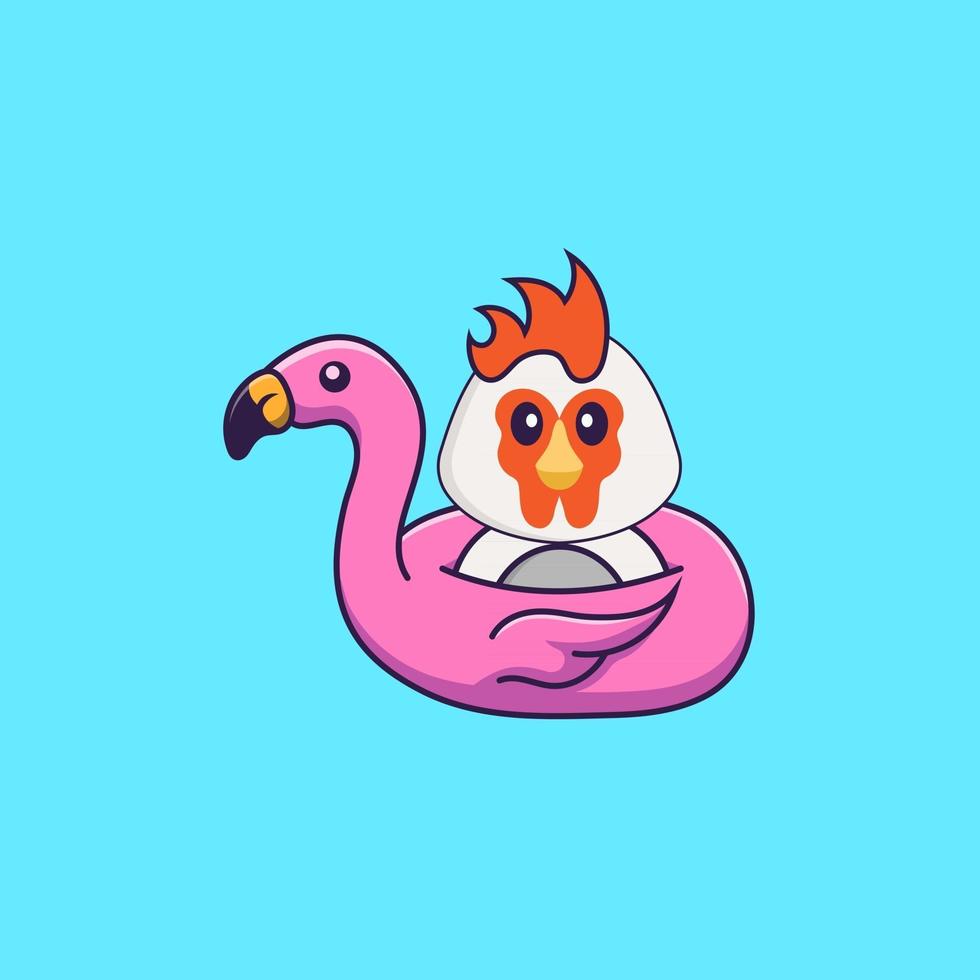 süßes Huhn mit Flamingo-Boje. Tierkarikaturkonzept isoliert. kann für T-Shirt, Grußkarte, Einladungskarte oder Maskottchen verwendet werden. flacher Cartoon-Stil vektor