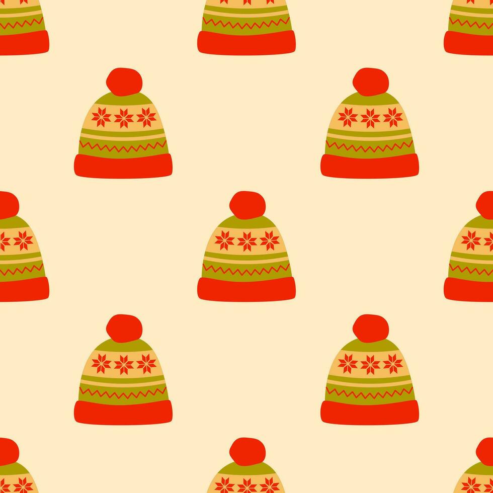 warm gestrickt Hut mit Pompon nahtlos Muster, Hintergrund. Wolle sportlich Kopfbedeckung. Mütze Hut. warm Kopf tragen. Herbst und Winter Zubehör. retro Jahrgang Farben. vektor