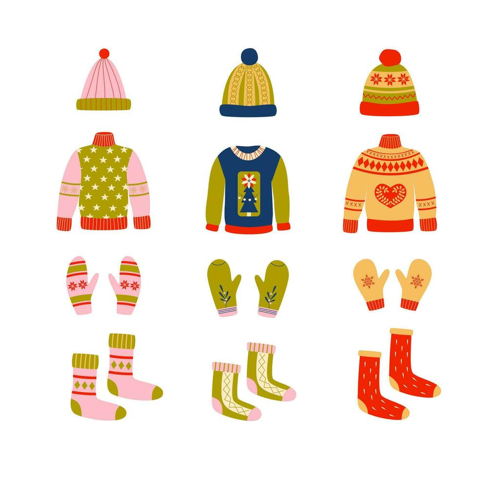 vinter- värma kläder och väsentliga samling - ful Tröja, strumpor, vantar, hatt. stickat kläder. mysigt säsong. jul, ny år. retro årgång färger. vektor