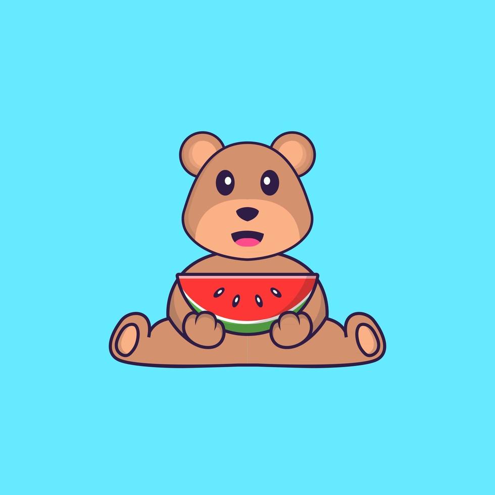 söt björn som äter vattenmelon. djur tecknad koncept isolerad. kan användas för t-shirt, gratulationskort, inbjudningskort eller maskot. platt tecknad stil vektor