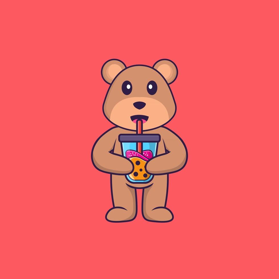 söt björn dricker boba mjölk te. djur tecknad koncept isolerad. kan användas för t-shirt, gratulationskort, inbjudningskort eller maskot. platt tecknad stil vektor