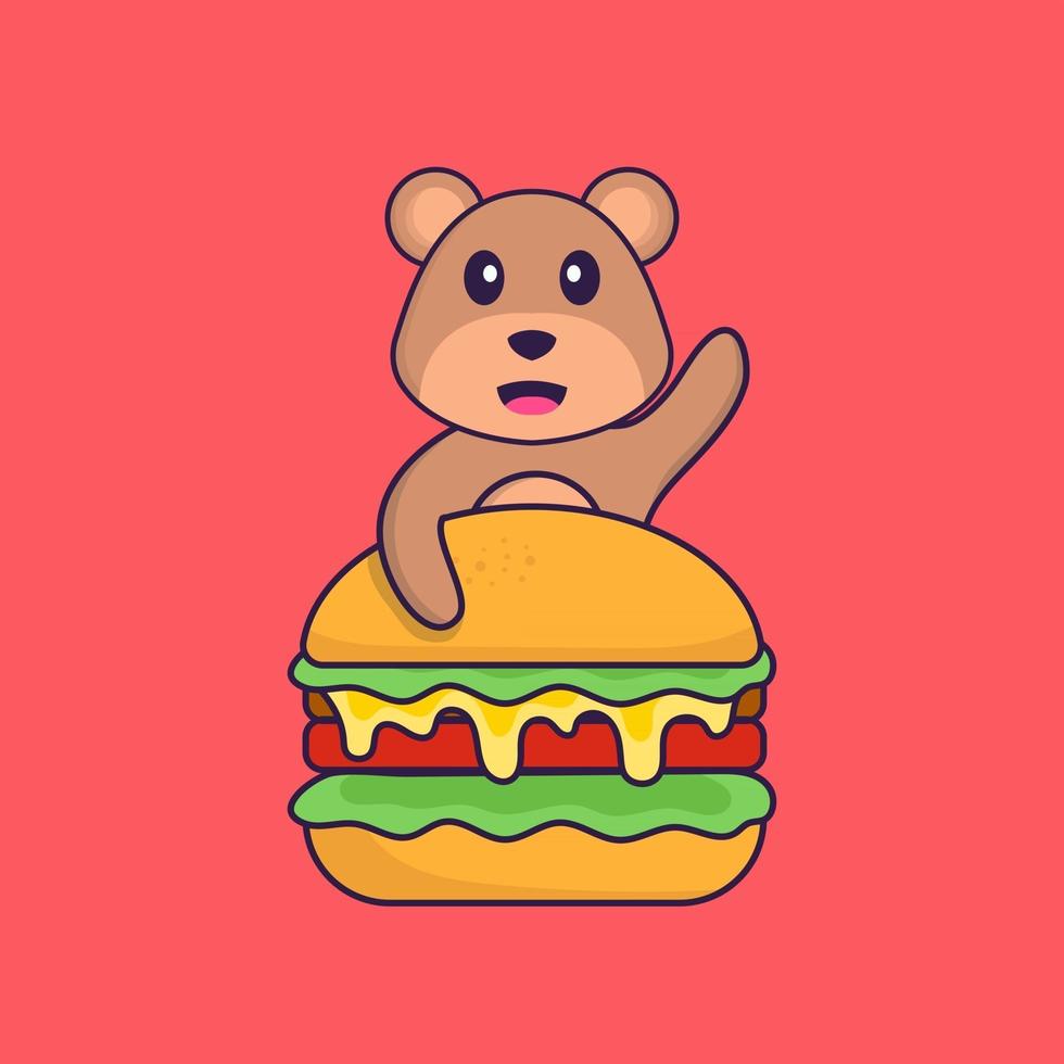 süßer Bär, der Burger isst. Tierkarikaturkonzept isoliert. kann für T-Shirt, Grußkarte, Einladungskarte oder Maskottchen verwendet werden. flacher Cartoon-Stil vektor
