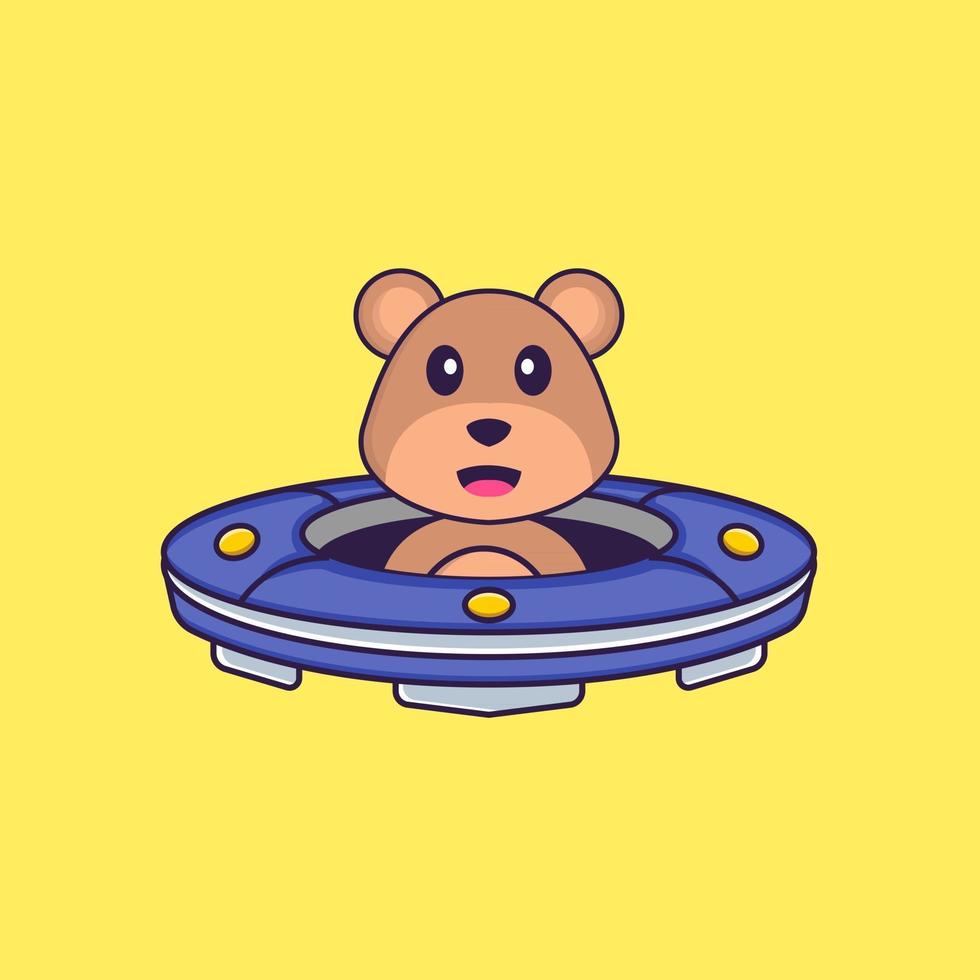söt björn kör rymdskepp ufo. djur tecknad koncept isolerad. kan användas för t-shirt, gratulationskort, inbjudningskort eller maskot. platt tecknad stil vektor