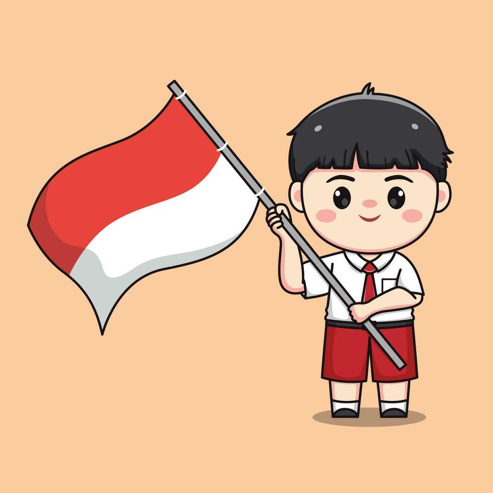 indonesisch Schüler elementar Schule halten Flagge süß kawaii Junge Charakter vektor