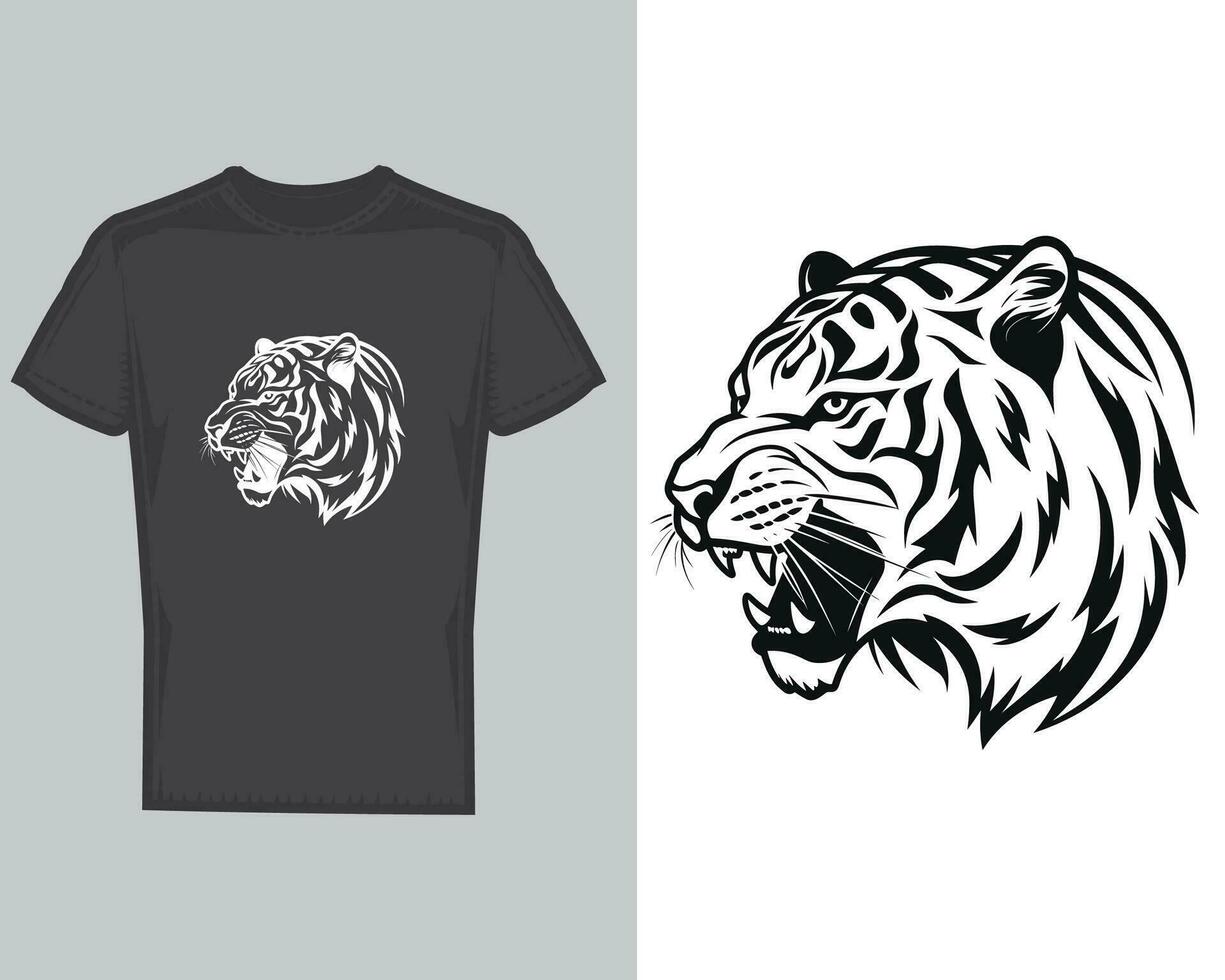 djärv grafisk tiger huvud design på svart t-shirt vektor