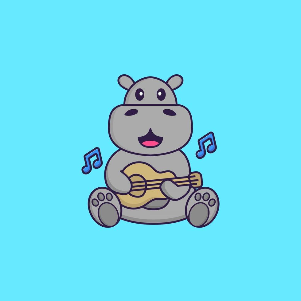 süßes Nilpferd, das Gitarre spielt. Tierkarikaturkonzept isoliert. kann für T-Shirt, Grußkarte, Einladungskarte oder Maskottchen verwendet werden. flacher Cartoon-Stil vektor