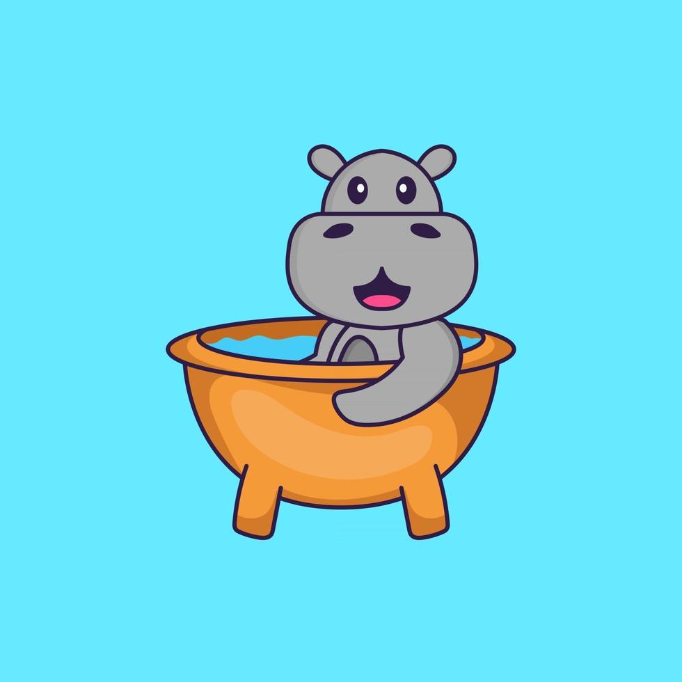 Süßes Nilpferd, das ein Bad in der Badewanne nimmt. Tierkarikaturkonzept isoliert. kann für T-Shirt, Grußkarte, Einladungskarte oder Maskottchen verwendet werden. flacher Cartoon-Stil vektor
