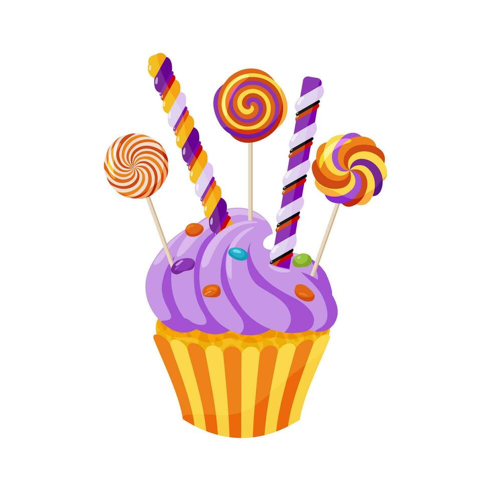 muffin med grädde, godis och klubbor. dekorerad halloween efterrätt. tecknad serie sötsaker ClipArt för meny, hälsning kort, fest inbjudan. vektor illustration.