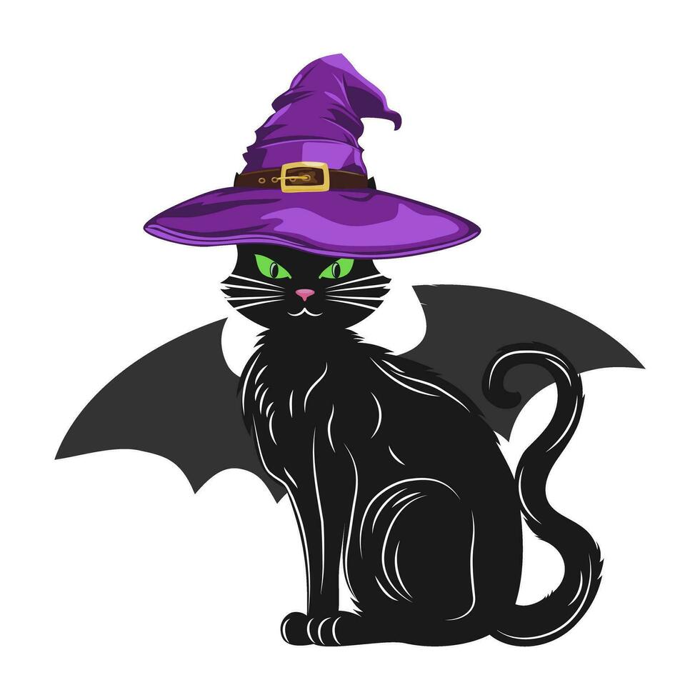 en svart katt bär en lila häxa hatt och vingar. söt djur. vektor illustration.