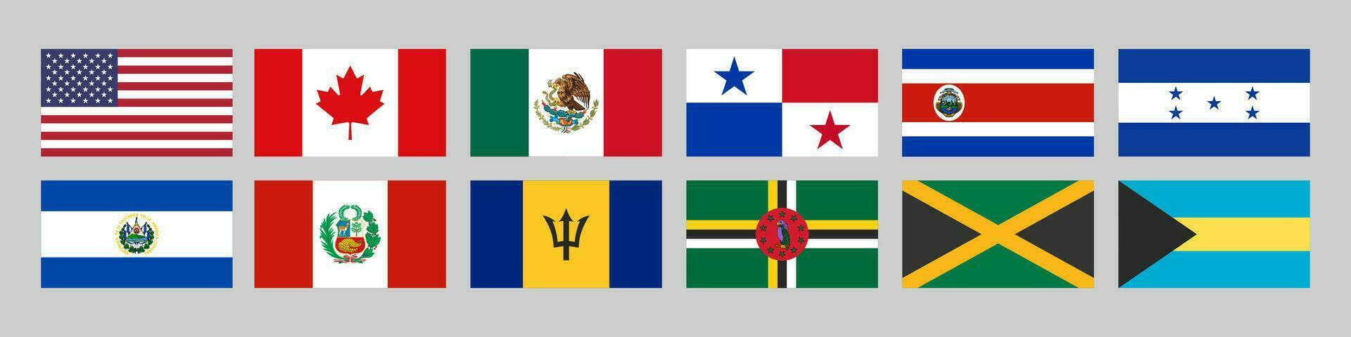 National Flaggen von das Amerika, vereinigt Zustände, Kanada, Mexiko, Panama, Costa rica, Peru, Barbados, Honduras, Dominika, Jamaika, Bahamas vektor