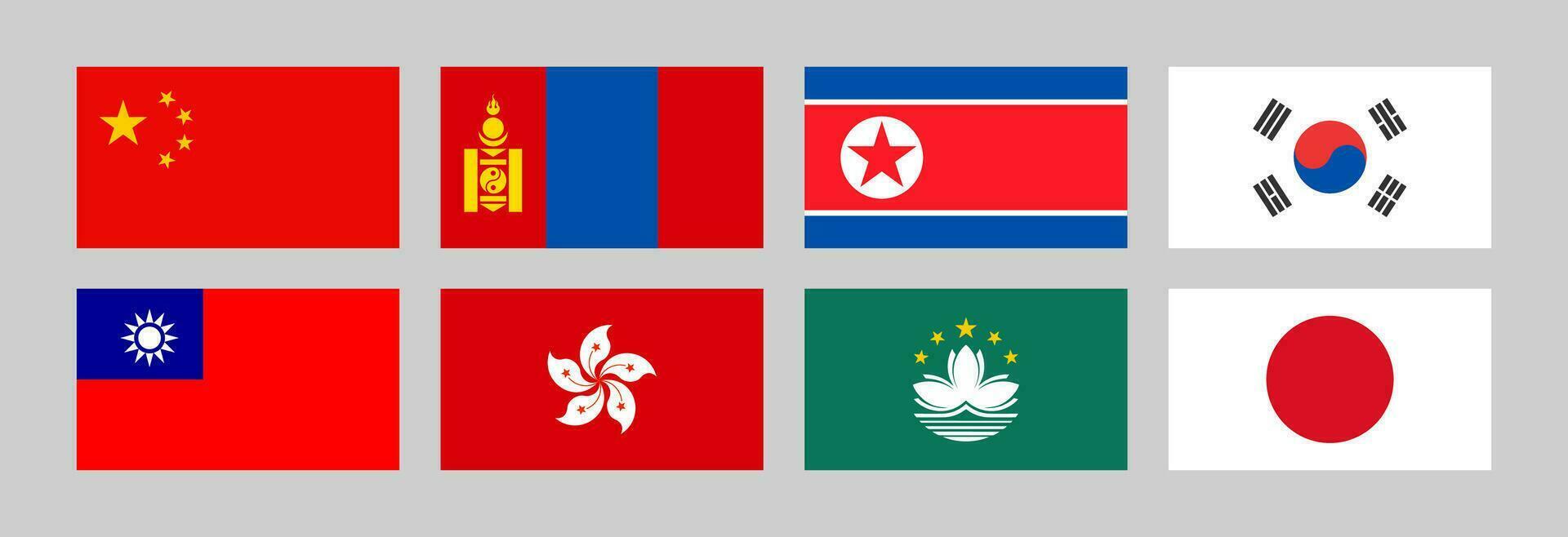 National Flaggen von Asien, China, Mongolei, Korea Süd, Korea Norden, Taiwan, Hong Kong, Macao, Japan vektor