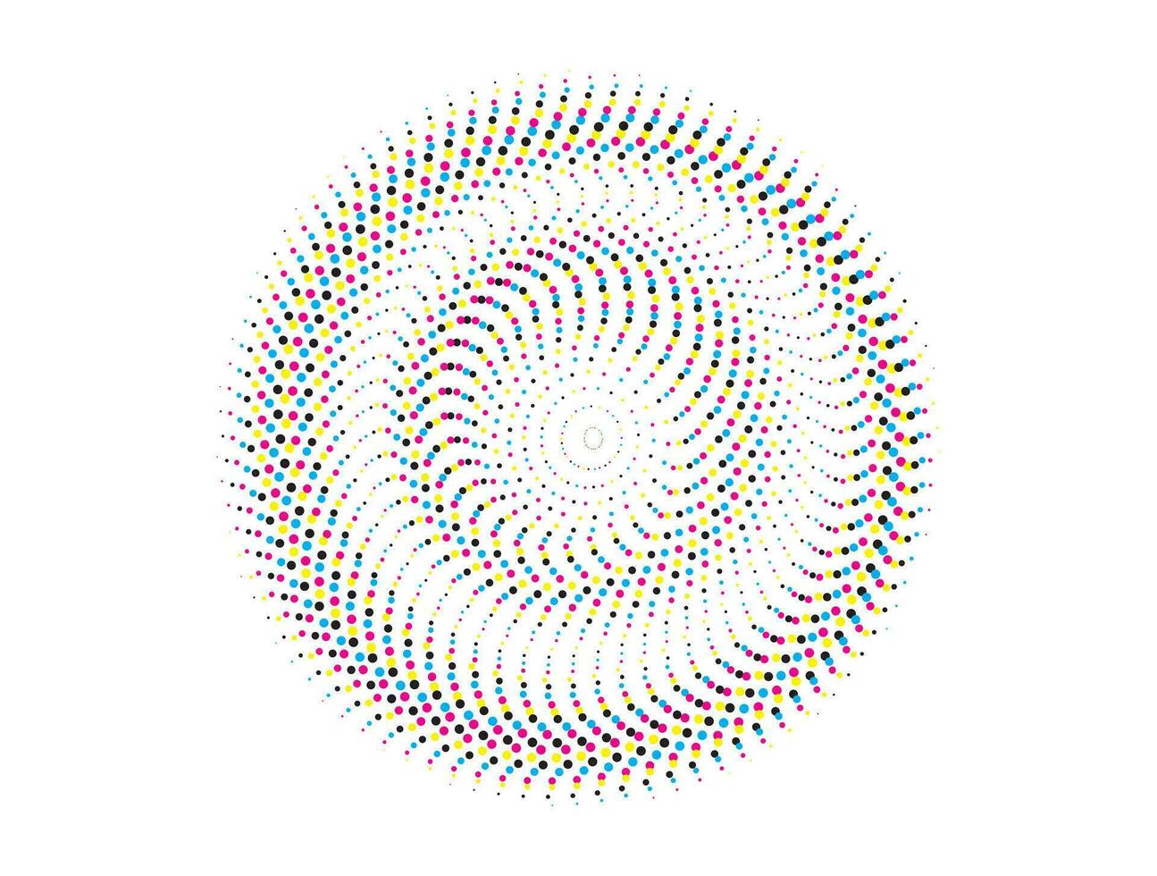 en cirkulär mönster av färgad prickar på en vit bakgrund, en cirkulär mönster med färgrik prickar på Det, cmyk cirklar, vektor illustration av en blomma