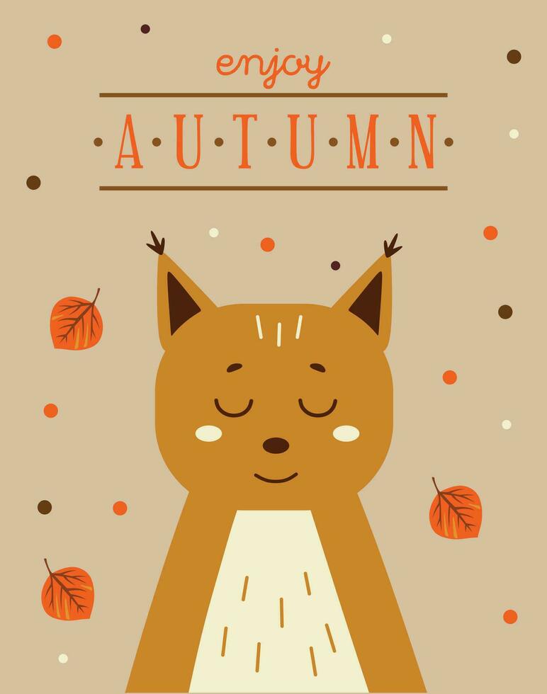 süß einfach Herbst Postkarte Design mit Karikatur Eichhörnchen und fallen Blätter vektor