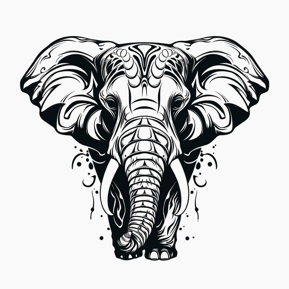 dekorativ porträtt av ett elefant. främre se, enkel vektor illustration, svartvit, isolerat på vit bakgrund.