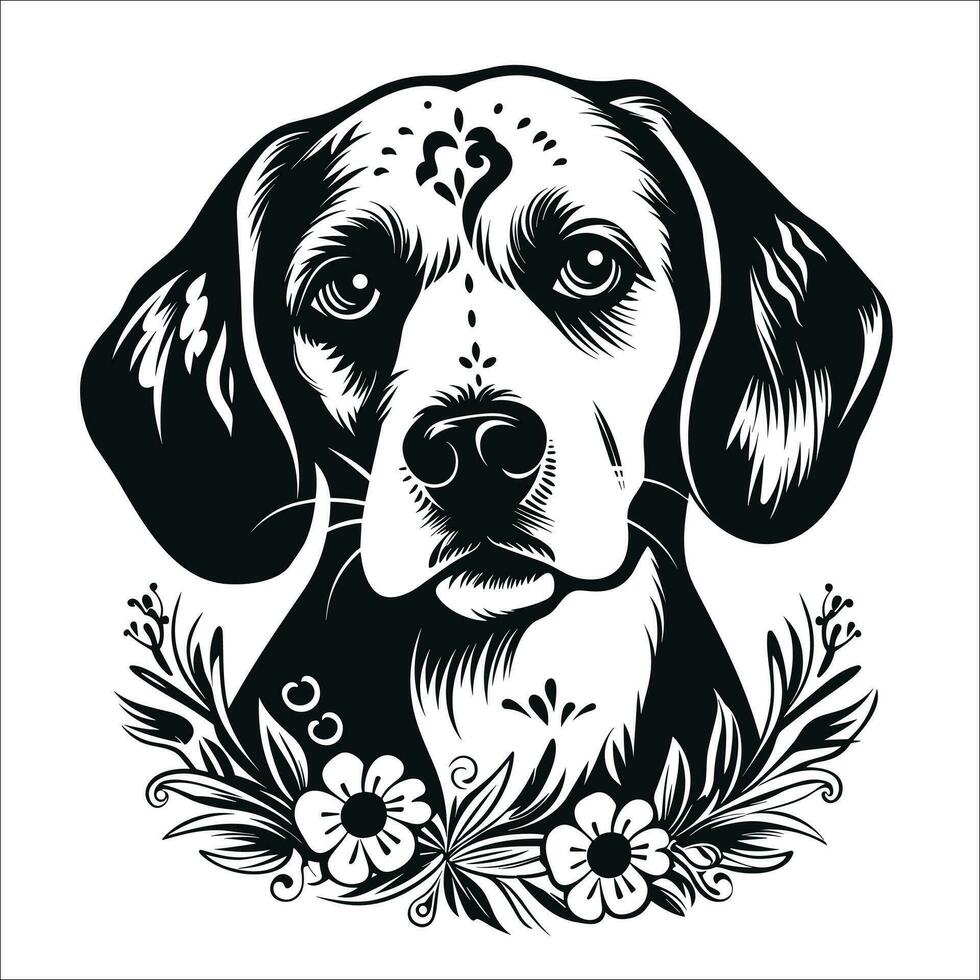 einfach Vektor Porträt von ein Beagle Hund, umgeben durch Gänseblümchen. schwarz und Weiß Illustration isoliert auf Weiß Hintergrund.