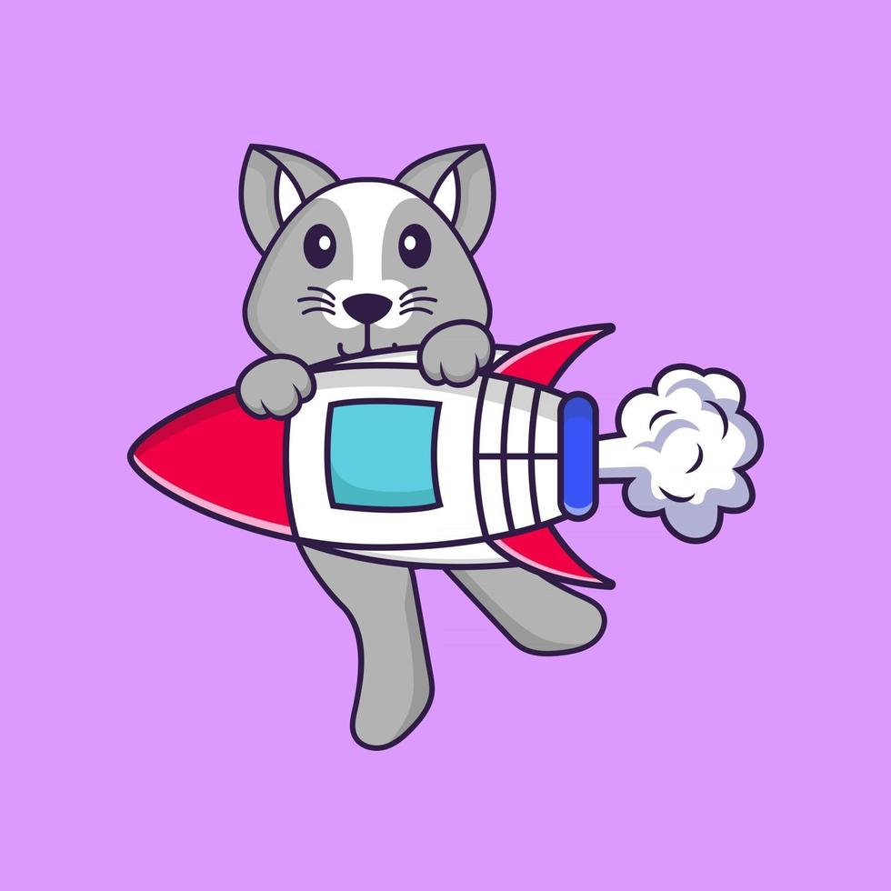 söt råtta som flyger på raket. djur tecknad koncept isolerad. kan användas för t-shirt, gratulationskort, inbjudningskort eller maskot. platt tecknad stil vektor