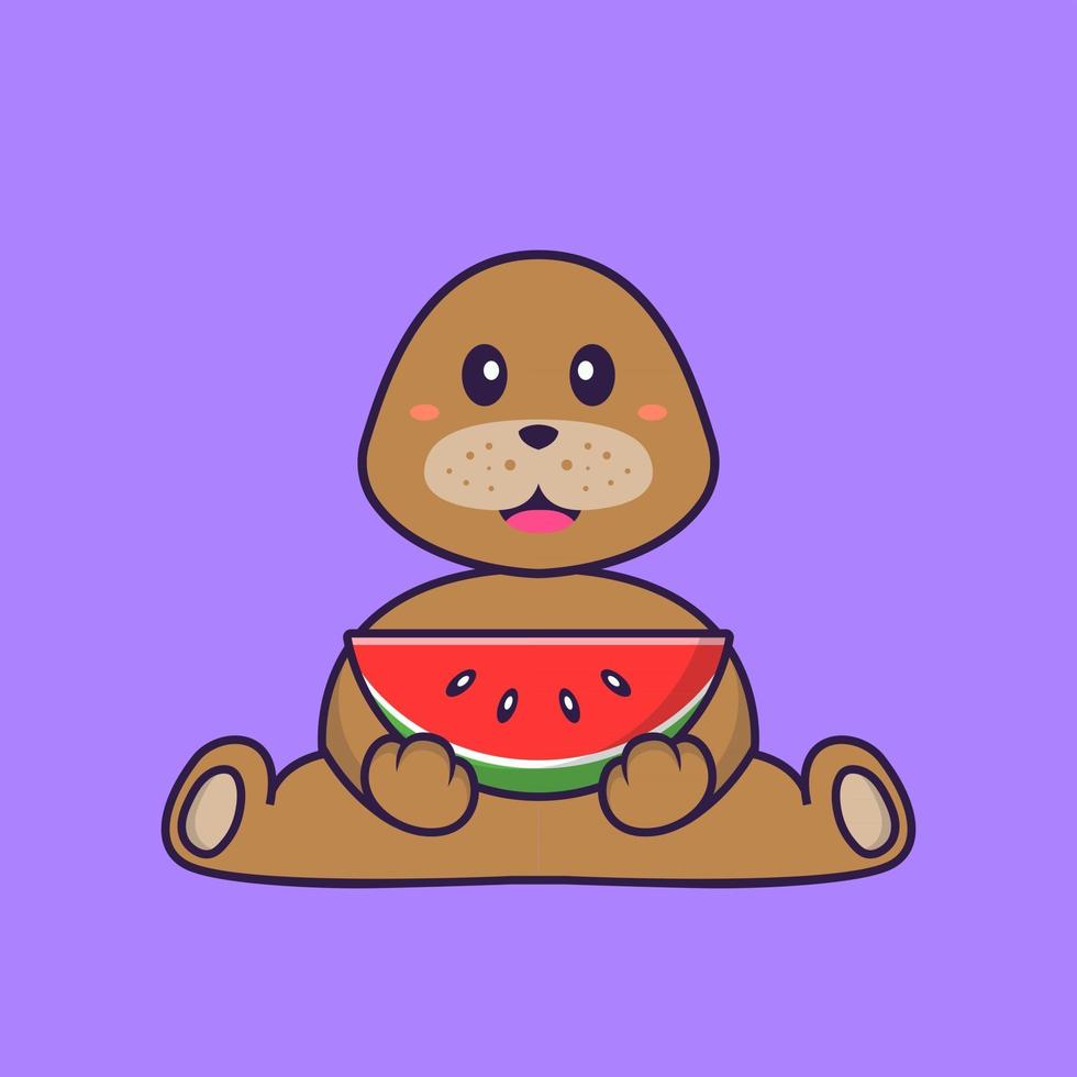 söt hund som äter vattenmelon. djur tecknad koncept isolerad. kan användas för t-shirt, gratulationskort, inbjudningskort eller maskot. platt tecknad stil vektor