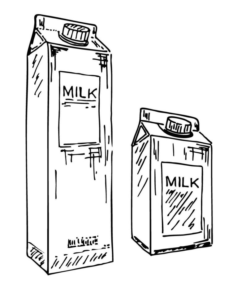 Vektor Gliederung Milch skizzieren Symbol. Milch Kisten Satz. Sammlung von regulär Milch, Hafer, Soja, Reis und Mandel Milch. Molkerei Produkt Illustration. retro Stil.