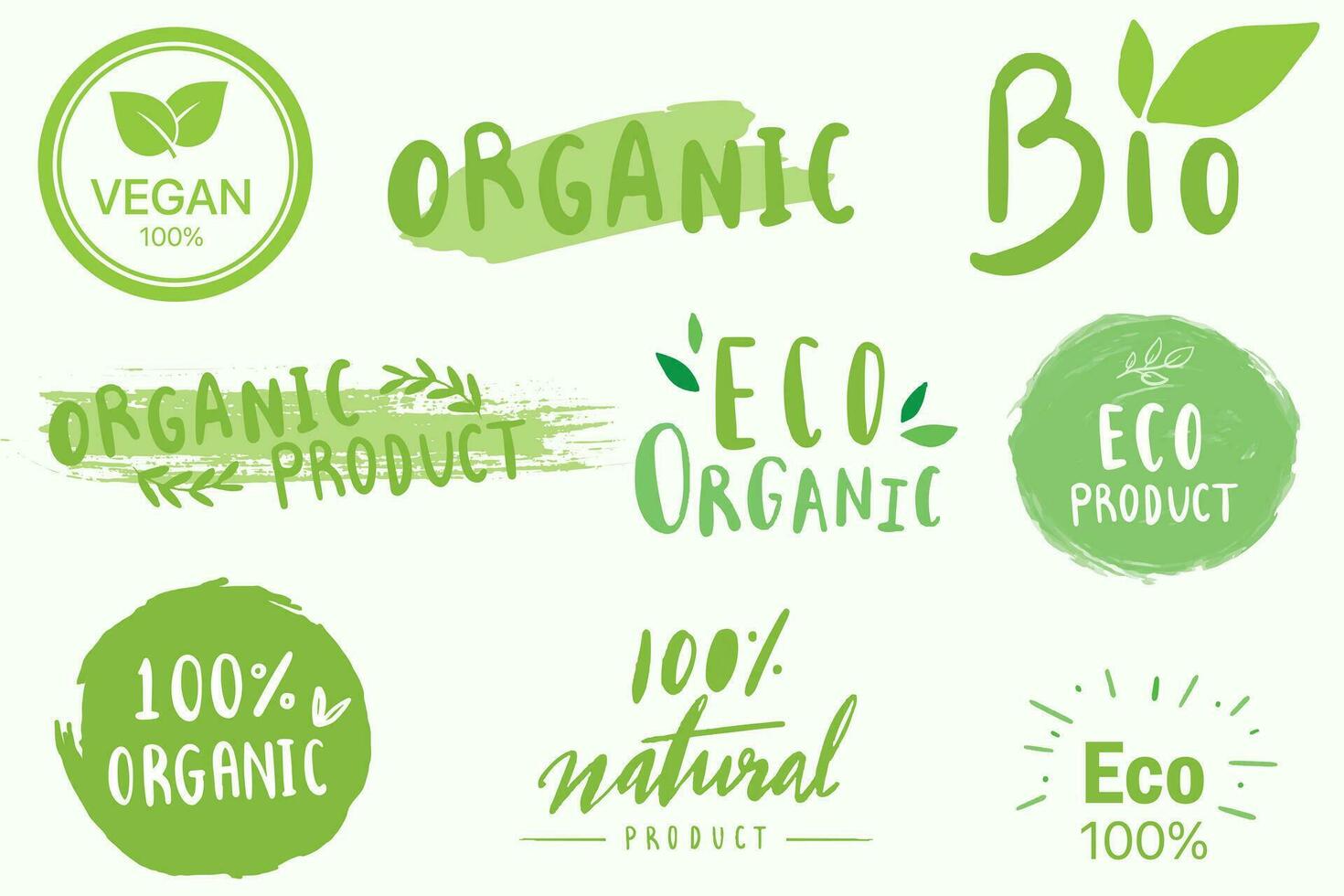 uppsättning av vegan, eko, bio, organisk, färsk, friska, 100 procent, naturlig mat. naturlig produkt. samling av 30 emblem, Kafé, logotyper, märken, taggar, märka, märka, förpackning. vektor illustration