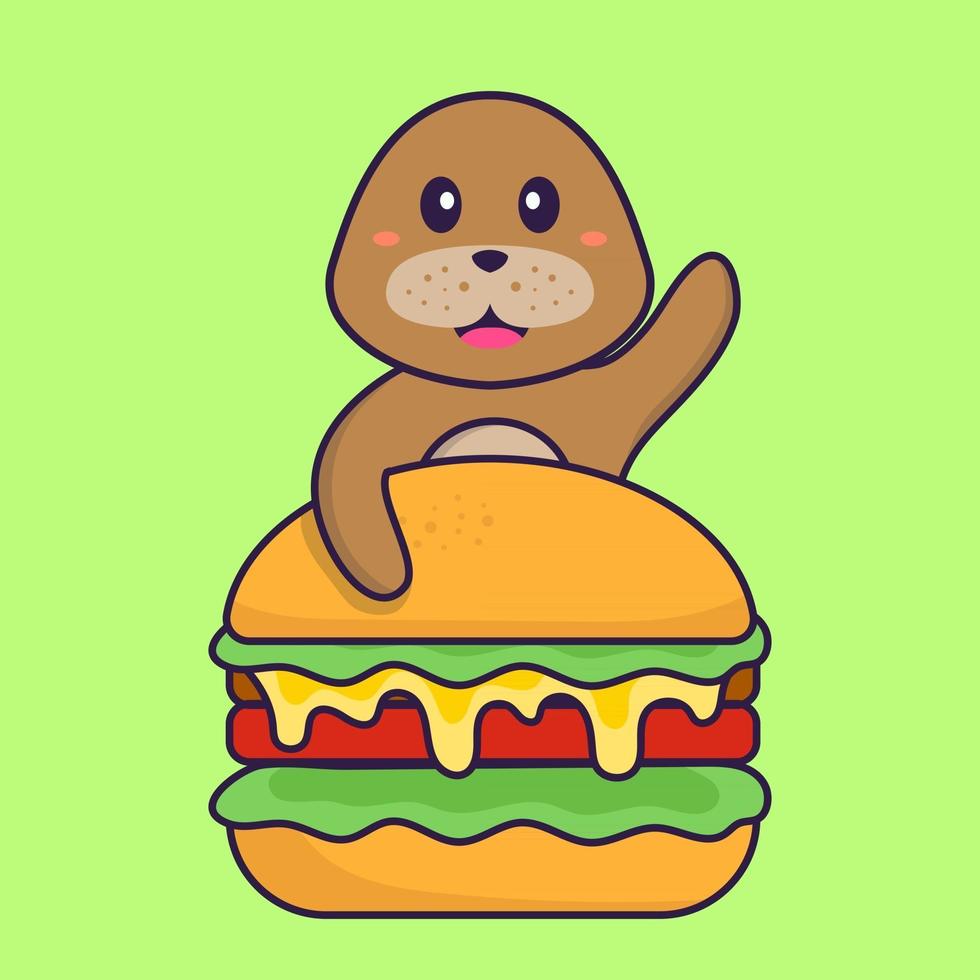 söt hund äter hamburgare. djur tecknad koncept isolerad. kan användas för t-shirt, gratulationskort, inbjudningskort eller maskot. platt tecknad stil vektor