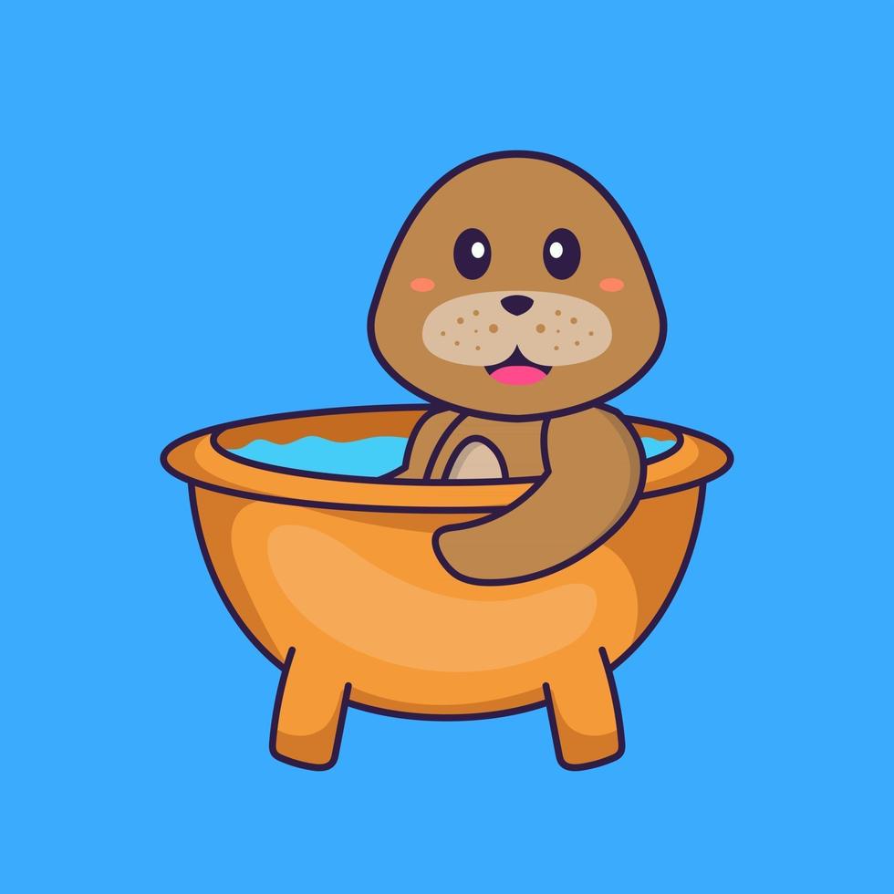 söt hund som badar i badkaret. djur tecknad koncept isolerad. kan användas för t-shirt, gratulationskort, inbjudningskort eller maskot. platt tecknad stil vektor