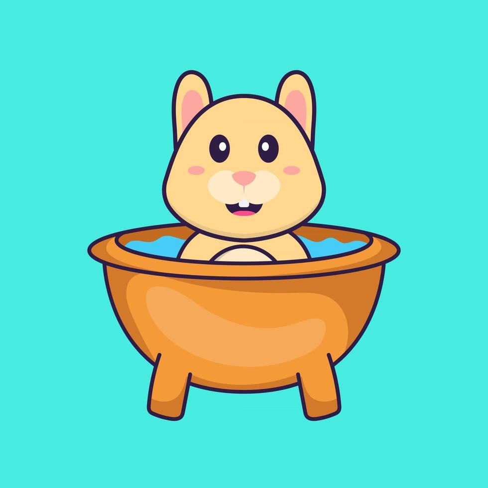 Süßes Kaninchen, das ein Bad in der Badewanne nimmt. Tierkarikaturkonzept isoliert. kann für T-Shirt, Grußkarte, Einladungskarte oder Maskottchen verwendet werden. flacher Cartoon-Stil vektor