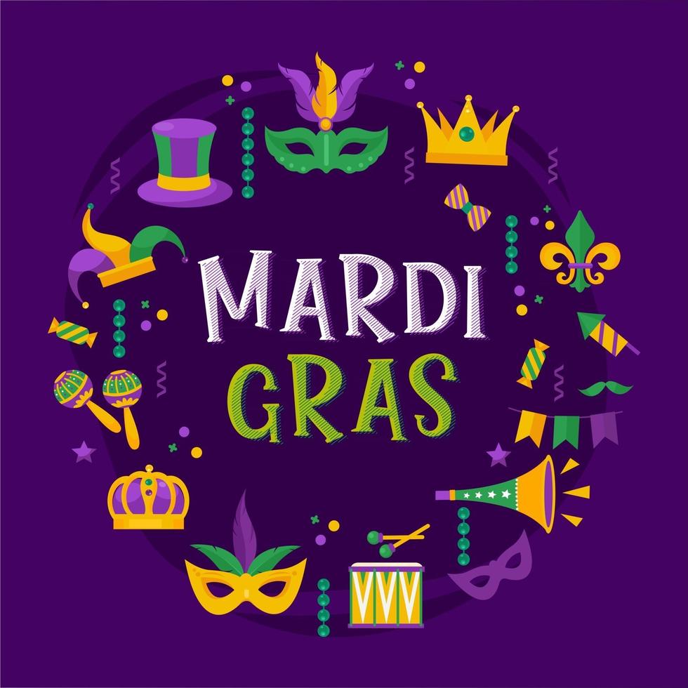 vektor typografisk illustration av mardi gras skönhet lila bakgrund med rombstruktur och mångfärgade festliga flaggor, konfetti, trummor och mer. firande gratulationskort